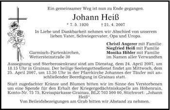 Traueranzeige von Johann Heiß von MERKUR & TZ