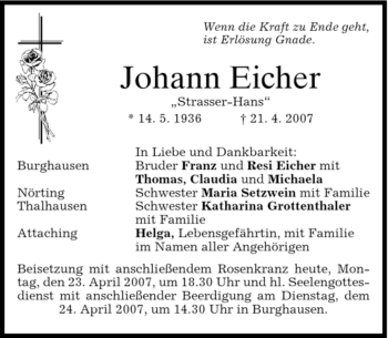 Traueranzeige von Johann Eicher von MERKUR & TZ