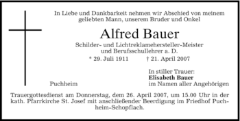 Traueranzeige von Alfred Bauer von MERKUR & TZ