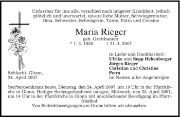 Traueranzeige von Maria Rieger von GARMISCH-PARTENK. TAGBLATT