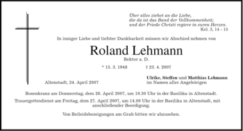 Traueranzeige von Roland Lehmann von MERKUR & TZ