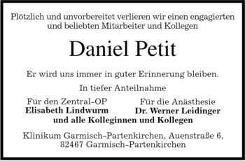 Traueranzeige von Daniel Petit von MERKUR & TZ