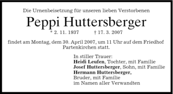 Traueranzeige von Peppi Huttersberger von MERKUR & TZ