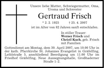 Traueranzeige von Gertraud Frisch von DORFENER NACHRICHTEN