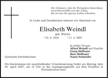 Traueranzeige von Elisabeth Weindl von MERKUR & TZ