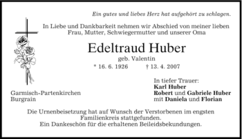 Traueranzeige von Edeltraud Huber von MERKUR & TZ