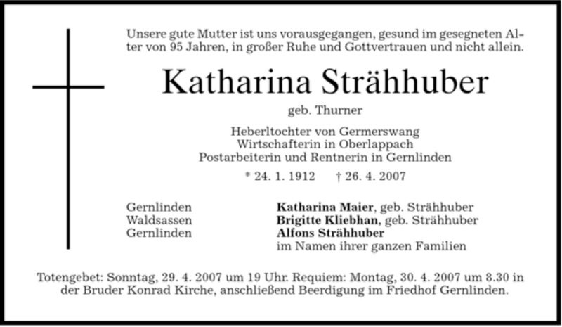  Traueranzeige für Katharina Strähhuber vom 28.04.2007 aus MERKUR & TZ