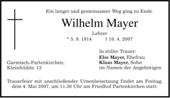 Traueranzeige von Wilhelm Mayer von MERKUR & TZ
