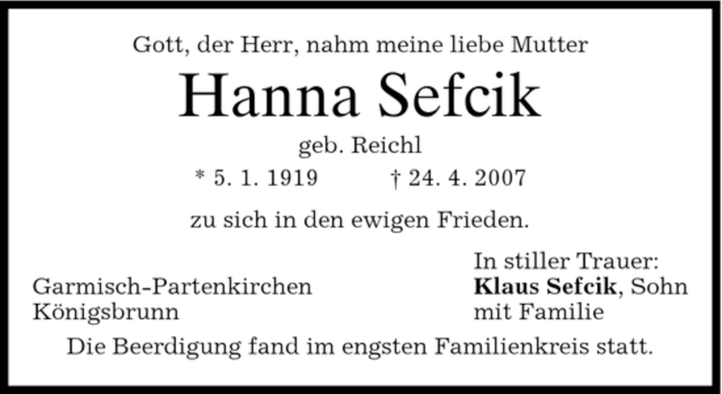  Traueranzeige für Hanna Sefcik vom 02.05.2007 aus MERKUR & TZ