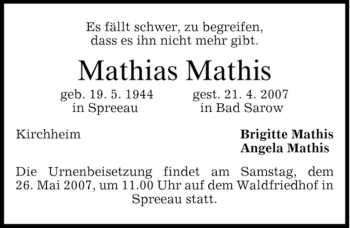 Traueranzeige von Mathias Mathis von DORFENER NACHRICHTEN