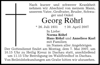 Traueranzeige von Georg Röhrl von HOLZKIRCHENER MERKUR