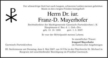 Traueranzeige von Franz-D. Mayerhofer von MERKUR & TZ
