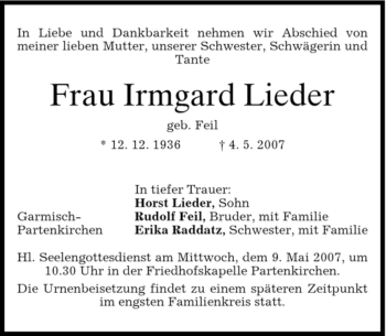 Traueranzeige von Irmgard Lieder von MERKUR & TZ