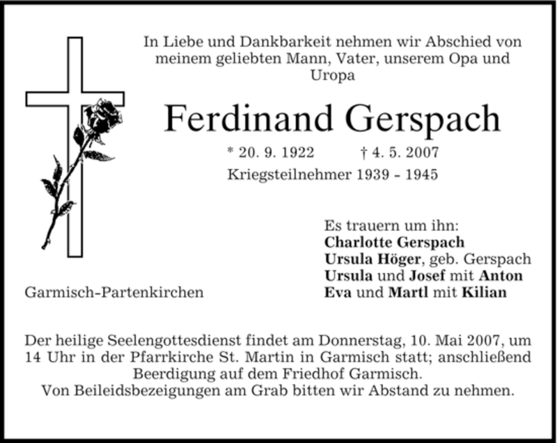  Traueranzeige für Ferdinand Gerspach vom 08.05.2007 aus MERKUR & TZ