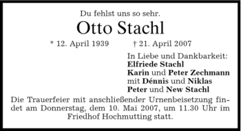 Traueranzeige von Otto Stachl von DORFENER NACHRICHTEN