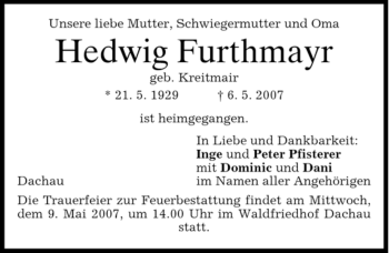 Traueranzeige von Hedwig Furthmayr von HOLZKIRCHENER MERKUR