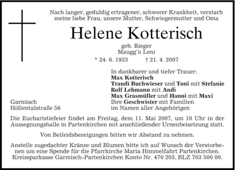  Traueranzeige für Helene Kotterisch vom 08.05.2007 aus MERKUR & TZ