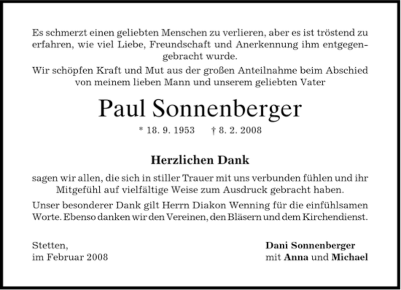  Traueranzeige für Paul Sonnenberger vom 19.02.2008 aus HOLZKIRCHENER MERKUR