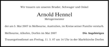 Traueranzeige von Arnold Hennel von MERKUR & TZ