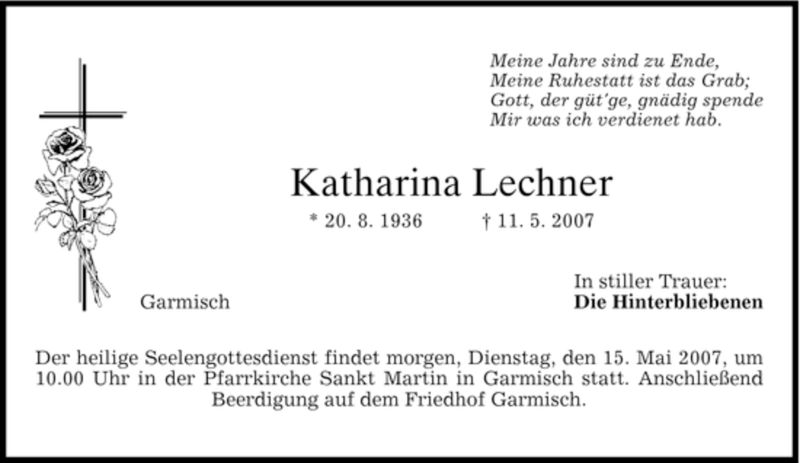 Traueranzeige für Katharina Lechner vom 14.05.2007 aus MERKUR & TZ