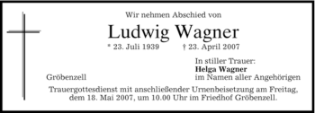 Traueranzeige von Ludwig Wagner von MERKUR & TZ