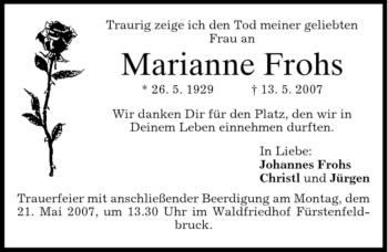Traueranzeige von Marianne Frohs von MERKUR & TZ