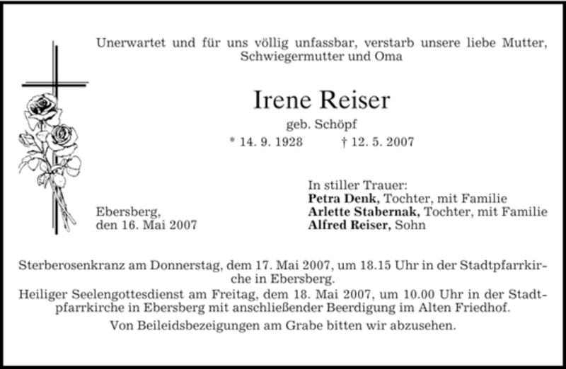  Traueranzeige für Irene Reiser vom 16.05.2007 aus GARMISCH-PARTENK. TAGBLATT