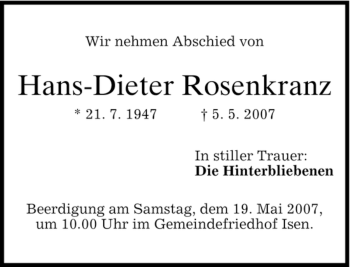 Traueranzeige von Hans-Dieter Rosenkranz von MERKUR & TZ