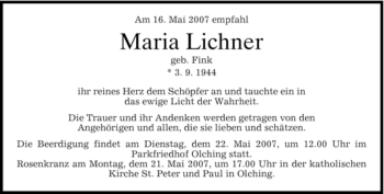 Traueranzeige von Maria Lichner von MERKUR & TZ