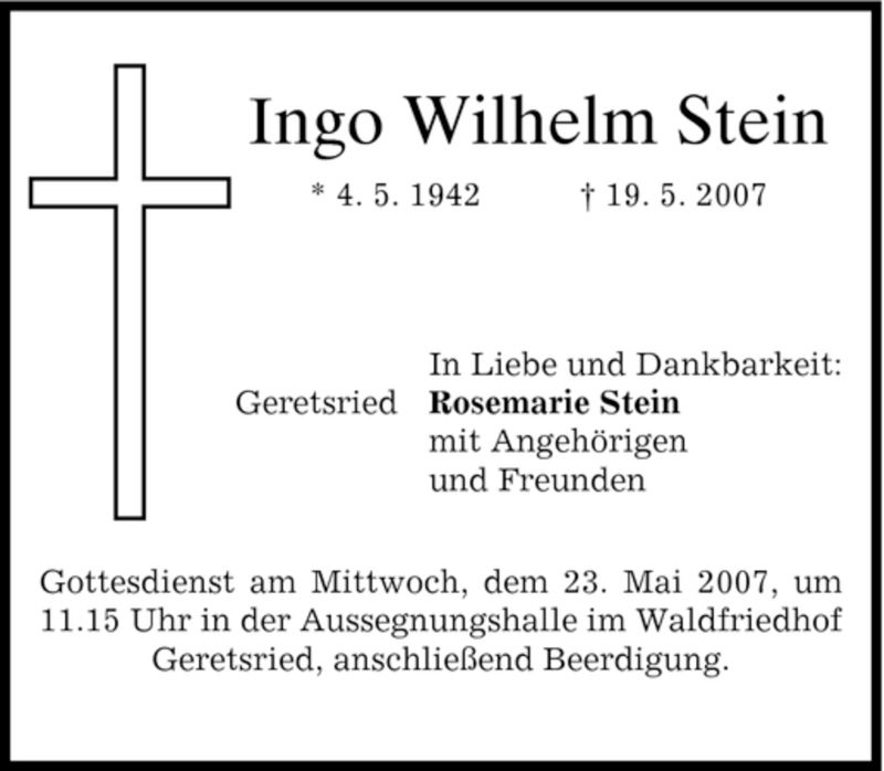  Traueranzeige für Ingo Wilhelm Stein vom 21.05.2007 aus MERKUR & TZ