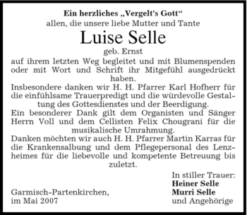 Traueranzeige von Luise Selle von MERKUR & TZ