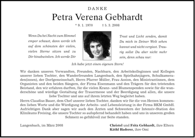  Traueranzeige für Petra Verena Gebhardt vom 11.03.2008 aus MERKUR & TZ