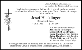 Traueranzeige von Josef Hacklinger von MERKUR & TZ