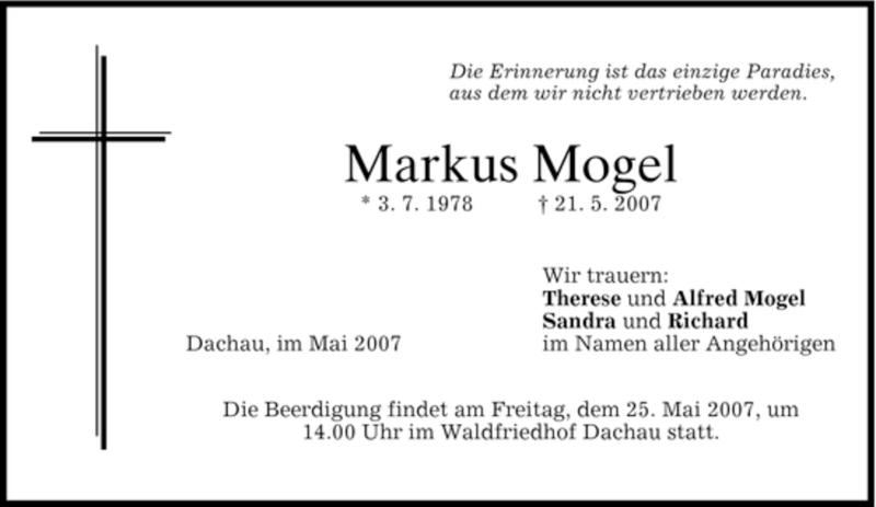  Traueranzeige für Markus Mogel vom 23.05.2007 aus HOLZKIRCHENER MERKUR