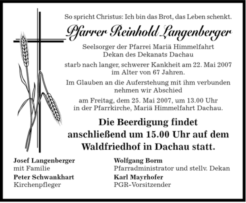  Traueranzeige für Reinhold Langenberger vom 24.05.2007 aus HOLZKIRCHENER MERKUR