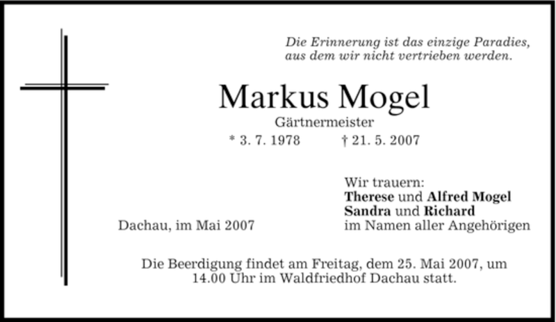  Traueranzeige für Markus Mogel vom 24.05.2007 aus HOLZKIRCHENER MERKUR