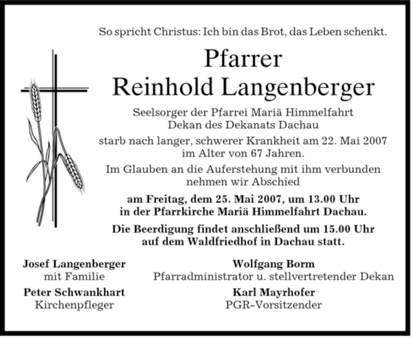 Traueranzeige für Reinhold Langenberger vom 24.05.2007 aus DORFENER NACHRICHTEN