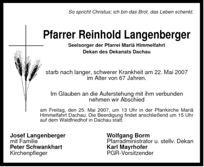  Traueranzeige für Reinhold Langenberger vom 24.05.2007 aus MERKUR & TZ