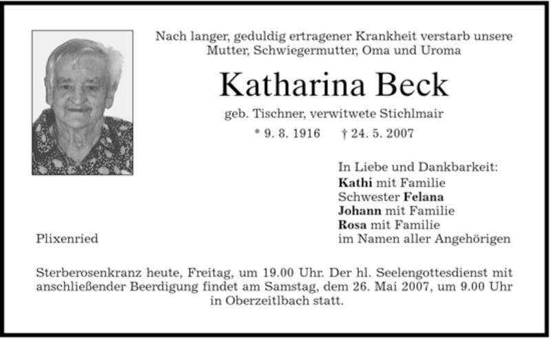 Traueranzeigen von Katharina Beck | trauer.merkur.de