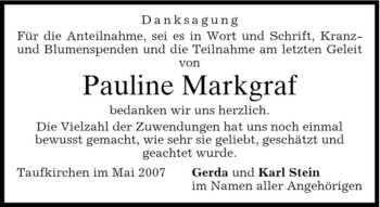 Traueranzeige von Pauline Markgraf von MERKUR & TZ