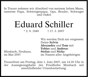 Traueranzeige von Eduard Schiller von MERKUR & TZ