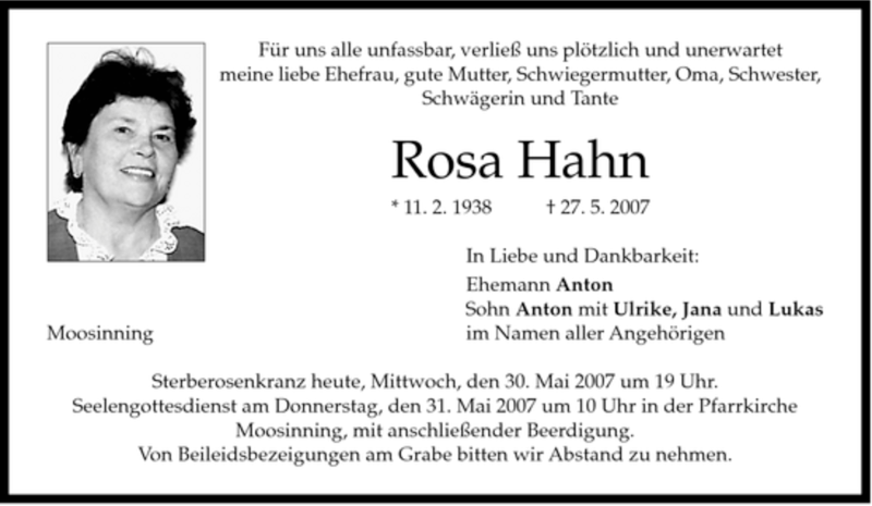 Traueranzeigen von Rosa Hahn | trauer.merkur.de