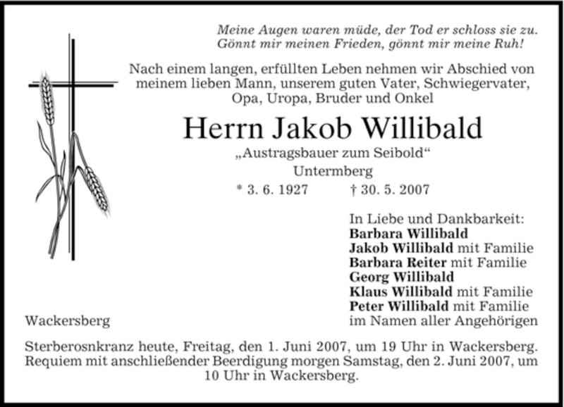  Traueranzeige für Jakob Willibald vom 01.06.2007 aus MERKUR & TZ