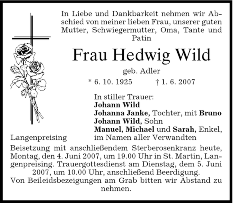  Traueranzeige für Hedwig Wild vom 04.06.2007 aus MERKUR & TZ