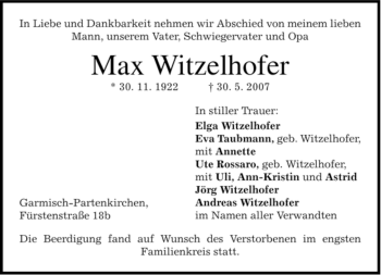 Traueranzeige von Max Witzelhofer von MERKUR & TZ