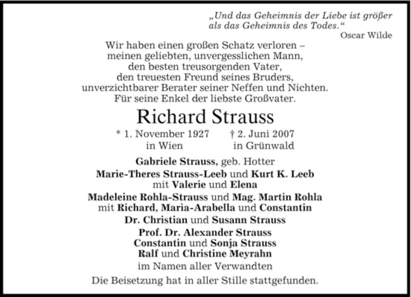  Traueranzeige für Richard Strauss vom 09.06.2007 aus DORFENER NACHRICHTEN