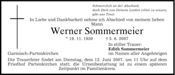 Traueranzeige von Werner Sommermeier von MERKUR & TZ