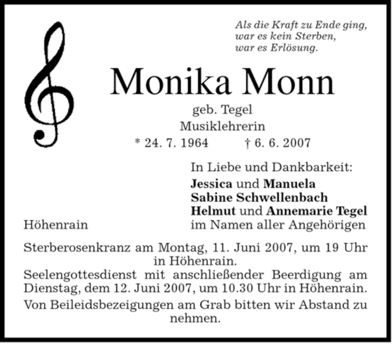  Traueranzeige für Monika Monn vom 09.06.2007 aus MERKUR & TZ