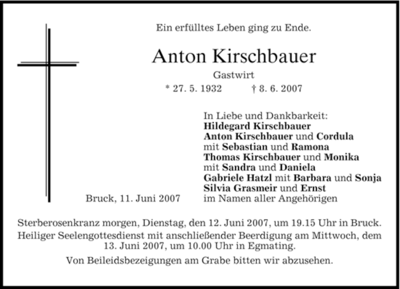  Traueranzeige für Anton Kirschbauer vom 11.06.2007 aus DORFENER NACHRICHTEN