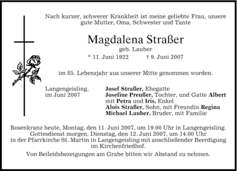  Traueranzeige für Magdalena Straßer vom 11.06.2007 aus MERKUR & TZ